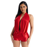 Women Summer Colorful Halter Neck Draped Backless Belted Romper