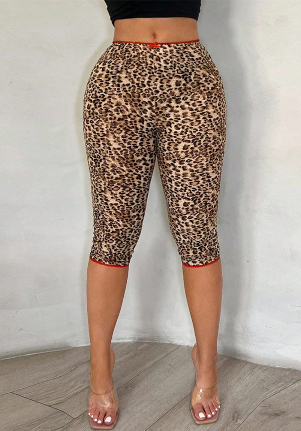 Women Leopard Print Casual 3/4 Length Pants