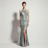 Women Sequin Split Fringe Shoulder Chain Formal Party Evening Gown