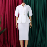 Women Short Sleeve Elegant Ruffled Split Color Bodycon Dress