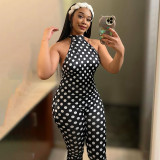 Women Spring Summer Backless Sexy Halter Neck Belted Polka Dot Printed 3/4 Length Jumpsuit