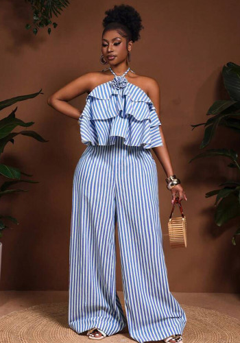 Women Elegant Belted Halter Neck Backless Striped Jumpsuit