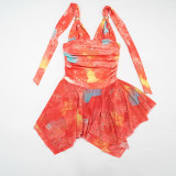 Women Summer Casual Printed Sleeveless Halter Neck Lace Up Ruffled Dress