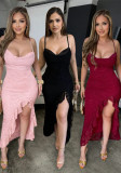 Women Ruffled Split Sexy Spaghetti Strap Maxi Dress