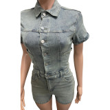 Women Stretchy Washed Denim Jumpsuit