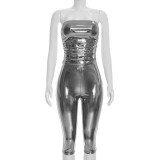 Women Spring Summer Shiny Strapless Top and 3/4 Length Pants Two-Piece Set