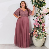 Spring Summer Women Elegant V Neck Short Sleeve Sequin Patchwork Mesh Plus Size Dress
