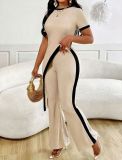 Women Fashion Colorblock Asymmetrical Open Waist Top Wide Leg Pants Set