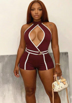 Summer Women Sexy Colorblock Halter Neck Lace-Up Romper
