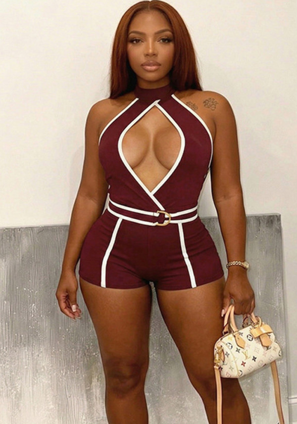 Summer Women Sexy Colorblock Halter Neck Lace-Up Romper