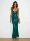 Women Sexy V Neck Backless Sequin Party Evening Long Dress
