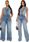 Women Washed Denim High Stretch Slim Fit Wide Leg Jumpsuit