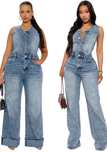 Women Washed Denim High Stretch Slim Fit Wide Leg Jumpsuit