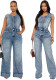 Women Washed Denim High Stretch Slim Fit Wide Leg Jumpsuit