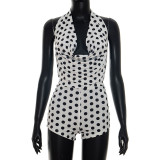 Summer Women Polka Dot Halter Neck Draped Backless Romper