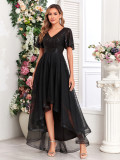 Spring Summer Women Double V Neck Elastic Waist Short Sleeve Irregular Plus Size Midi Dress