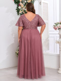 Spring Summer Women Elegant V Neck Short Sleeve Sequin Patchwork Mesh Plus Size Dress