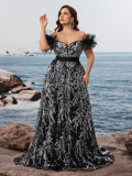 Women Plus Size Off Shoulder Sequin Feather A Line Long Party Evening Dress