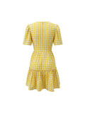 Holiday Women Casual Plaid Slim Waist V Neck A Line Dress