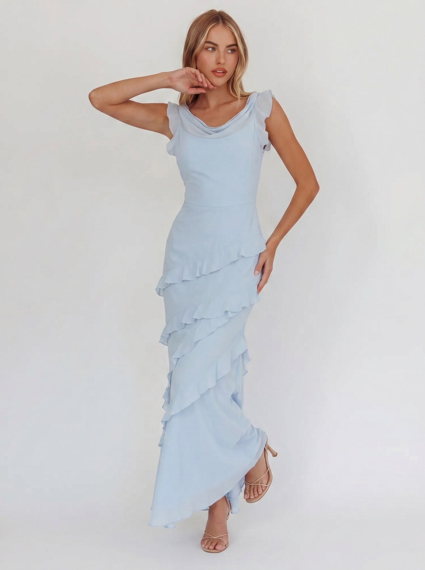 Solid Ruffle Maxi Dress for Summer Holidays