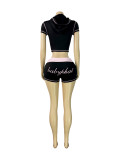 Women Fashion Letter Print Hoodie Crop Top Colorblock Shorts Set