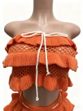 Summer Women Crochet Knitted Ruffle Strapless Lace-Up Beach Shorts Two Piece Set