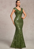 Spring Summer Women Double V Neck Stretch Sequin Lined Evening Dress