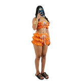 Summer Women Crochet Knitted Ruffle Strapless Lace-Up Beach Shorts Two Piece Set