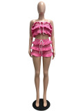 Summer Women Crochet Knitted Ruffle Strapless Lace-Up Beach Shorts Two Piece Set