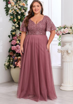 Spring Summer Women Elegant V Neck Short Sleeve Sequin Patchwork Mesh Plus Size Dress