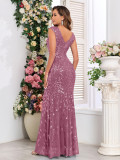 Spring Summer Women Double V Neck Stretch Sequin Lined Evening Dress