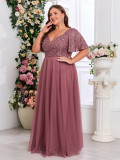 Spring Summer Women Elegant V Neck Short Sleeve Sequin Patchwork Mesh Plus Size Dress