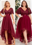 Spring Summer Women Double V Neck Elastic Waist Short Sleeve Irregular Plus Size Midi Dress