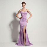 Women Sexy Satin High Slit Lace-Up Mermaid Maxi Evening Party Dress