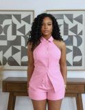 Women Elegant Turndown Collar Button Down Sleeveless Halter Neck Blazer Vest Shorts Set
