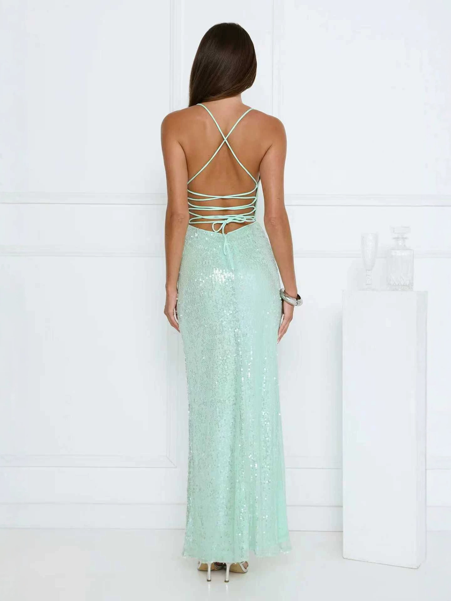 Sequin V-Neck Maxi Dress for Evening Parties