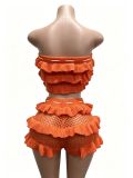 Summer Women Crochet Knitted Ruffle Strapless Lace-Up Beach Shorts Two Piece Set