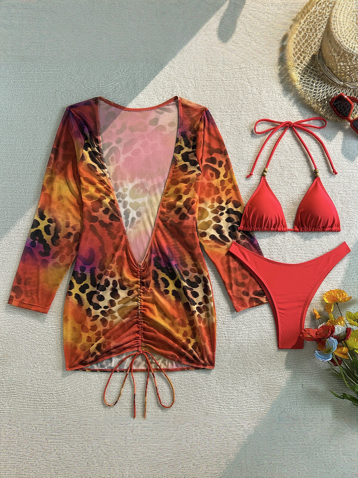 Printed Lace-Up Backless Three-Piece Bikini for Beach Holidays