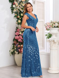 Spring Summer Women Double V Neck Stretch Sequin Lined Evening Dress