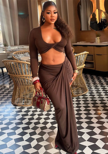 Women Solid Casual Bodycon Holiday U Neck Long Sleeve Two Piece Skirt Set
