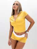 Women Fashion Letter Print Hoodie Crop Top Colorblock Shorts Set
