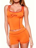 Women Black Printed Slim Fit Square Neck Tank Top Shorts Two Piece Set