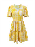 Holiday Women Casual Plaid Slim Waist V Neck A Line Dress