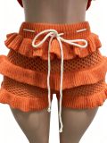 Summer Women Crochet Knitted Ruffle Strapless Lace-Up Beach Shorts Two Piece Set
