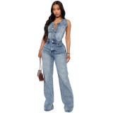 Women Washed Denim High Stretch Slim Fit Wide Leg Jumpsuit