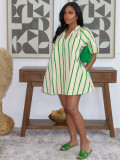 Summer Women Casual V Neck Puff Sleeve Striped Pocket Loose Mini Dress