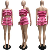 Summer Women Crochet Knitted Ruffle Strapless Lace-Up Beach Shorts Two Piece Set