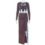 Women Solid Casual Bodycon Holiday U Neck Long Sleeve Two Piece Skirt Set