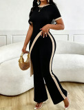 Women Fashion Colorblock Asymmetrical Open Waist Top Wide Leg Pants Set