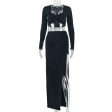 Women Solid Casual Bodycon Holiday U Neck Long Sleeve Two Piece Skirt Set